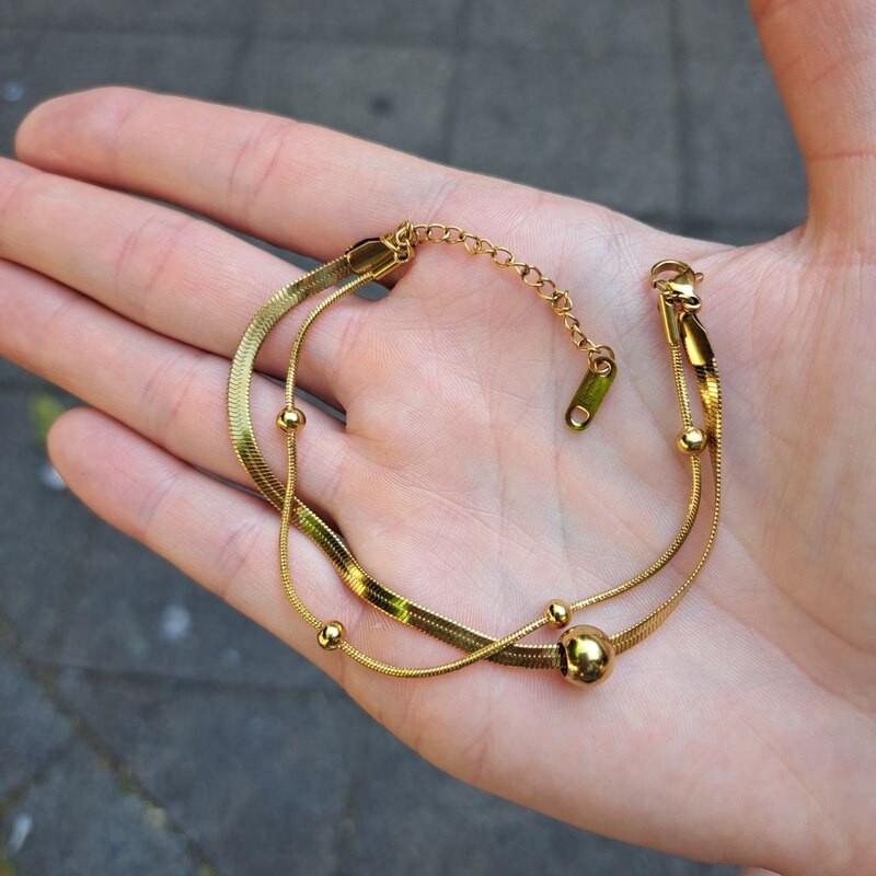 Double Layer Gold Herringbone and Satellite Bead Bracelet